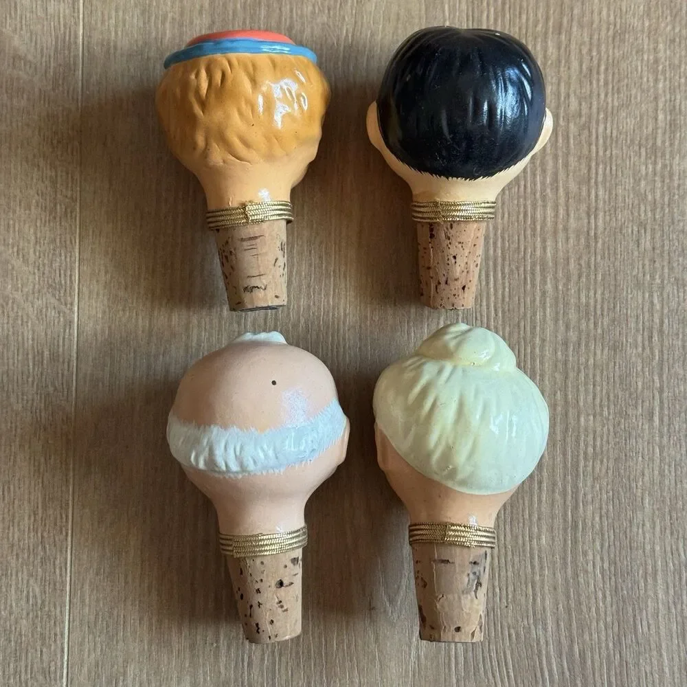 Vintage 60s Set Of 4 Enesco Japan Ceramic Heads Bottle Stoppers Corks